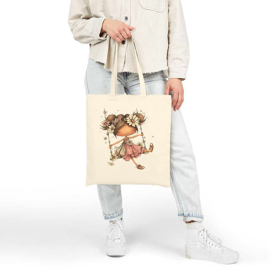 Thumbnail: Girl on Swing Illustration Tote Bag | Cute Floral Whimsical Art