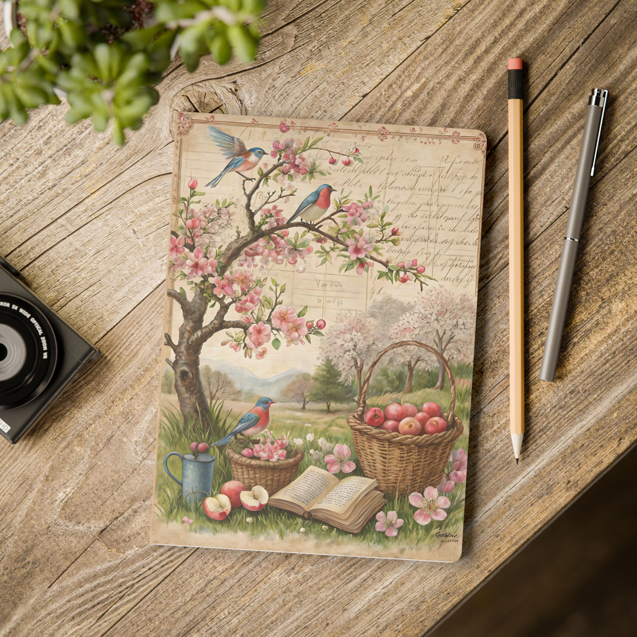 Spring Blossom Birds Journal | Vintage Orchard Scene, Apples & Open Book