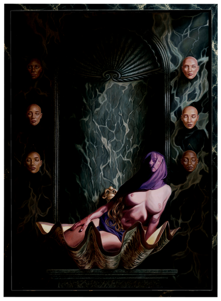 Oil painting representing an archetypal image of woman in a shell evocative of Venus, Isis, Ishtar and Inana