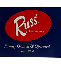 Blue card with Russ' Restaurants logo, Family Owned & Operated Since 1934.