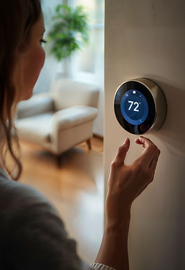 Woman adjusting digital thermostat reading 72 degrees, Haisma Heating & Cooling.
