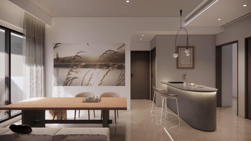 現代簡約住宅設計，開放式餐廚空間，溫潤木質餐桌搭配石材吧台，弧形燈帶設計增添氛圍，牆面掛畫與柔和光影營造自然舒適感 | 亞相空間設計作品