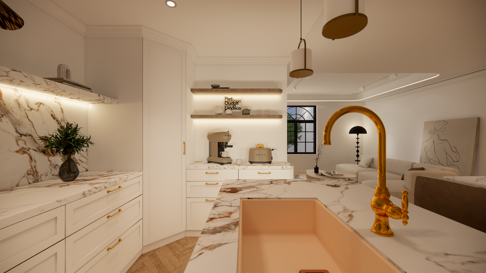現代法式廚房設計,搭配白色櫥櫃、岩板大理石檯面、復古金銅水龍頭與溫潤燈光,打造優雅奢華的開放式空間,完美融合美感與機能。