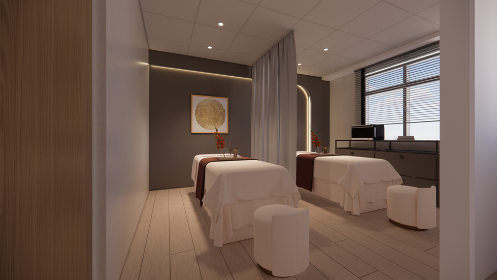 高級SPA美容會館設計，兩張美容床搭配柔和燈光與溫暖色調，營造放鬆療癒氛圍。現代極簡風格，適合美容沙龍、按摩會館、醫美診所等專業空間。