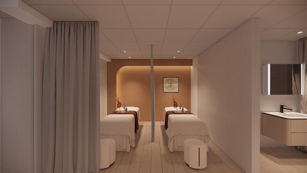 大地色系SPA空間設計，雙人美容床搭配間接燈光，沉穩放鬆的療癒氛圍，適合美容沙龍、SPA按摩中心、醫美診所等高級空間規劃。