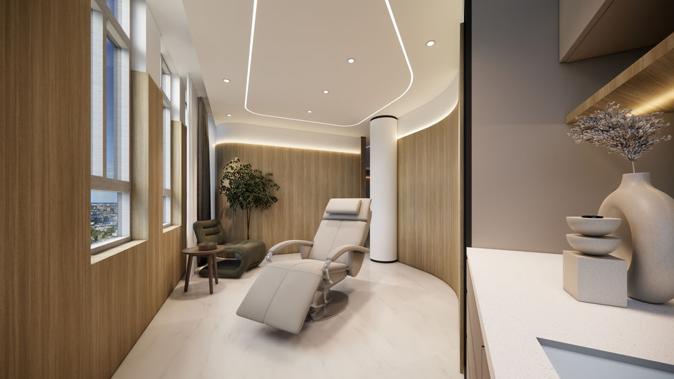 醫美診所療程室空間設計,低彩度色系與間接照明,打造安靜放鬆的治療環境