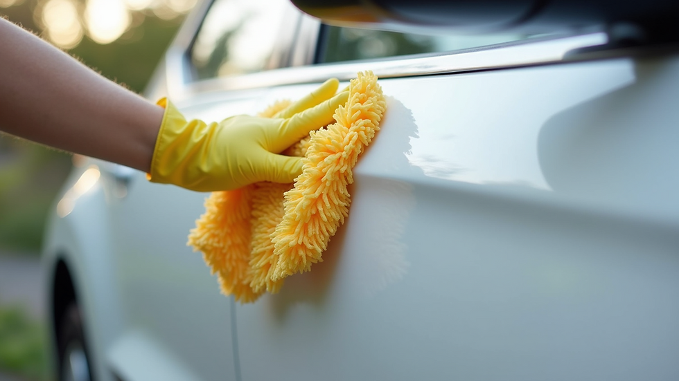 Close-up view of a microfiber wash mitt cleaning the side door of a white car
