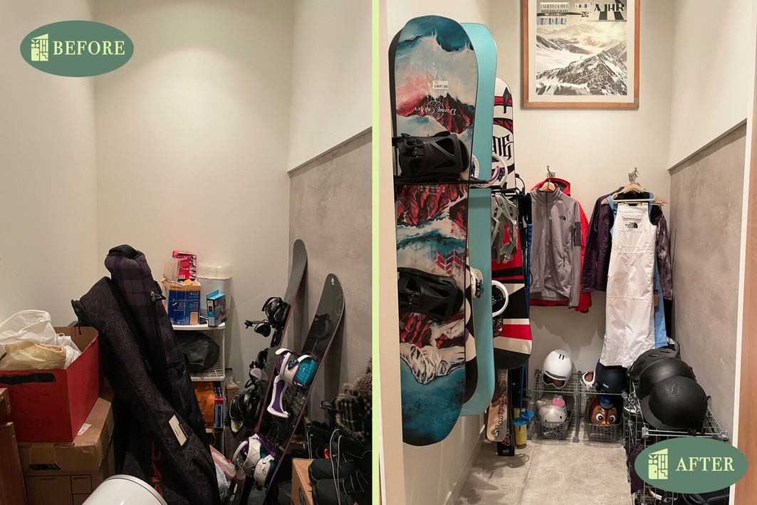 Before and After of a reorganized closet with ski gear stored in a visible way.