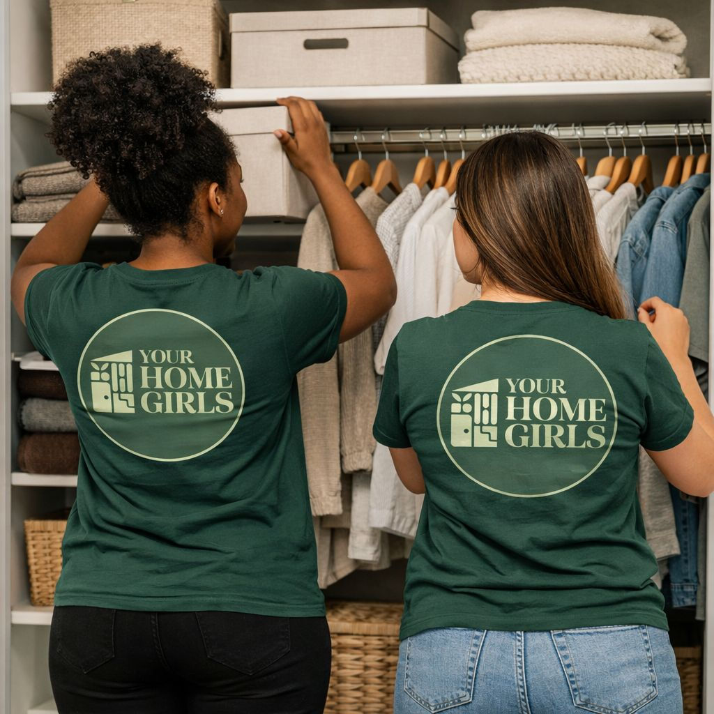 Woman arranging folded clothes on a shelf with various colors of garments.