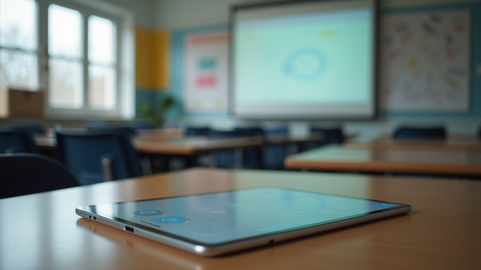Eye-level view of a school office desk with a tablet showing a communication app