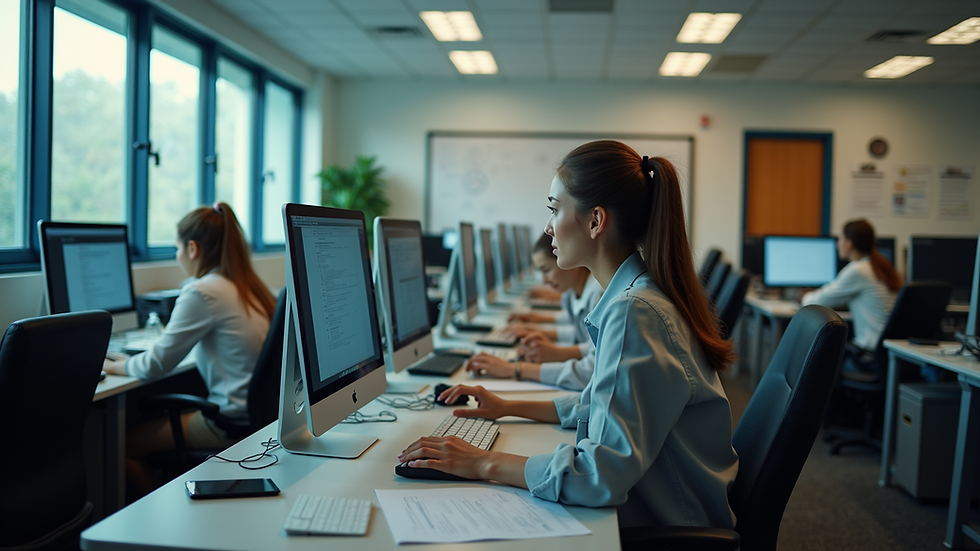 High angle view of a school office with staff using computers