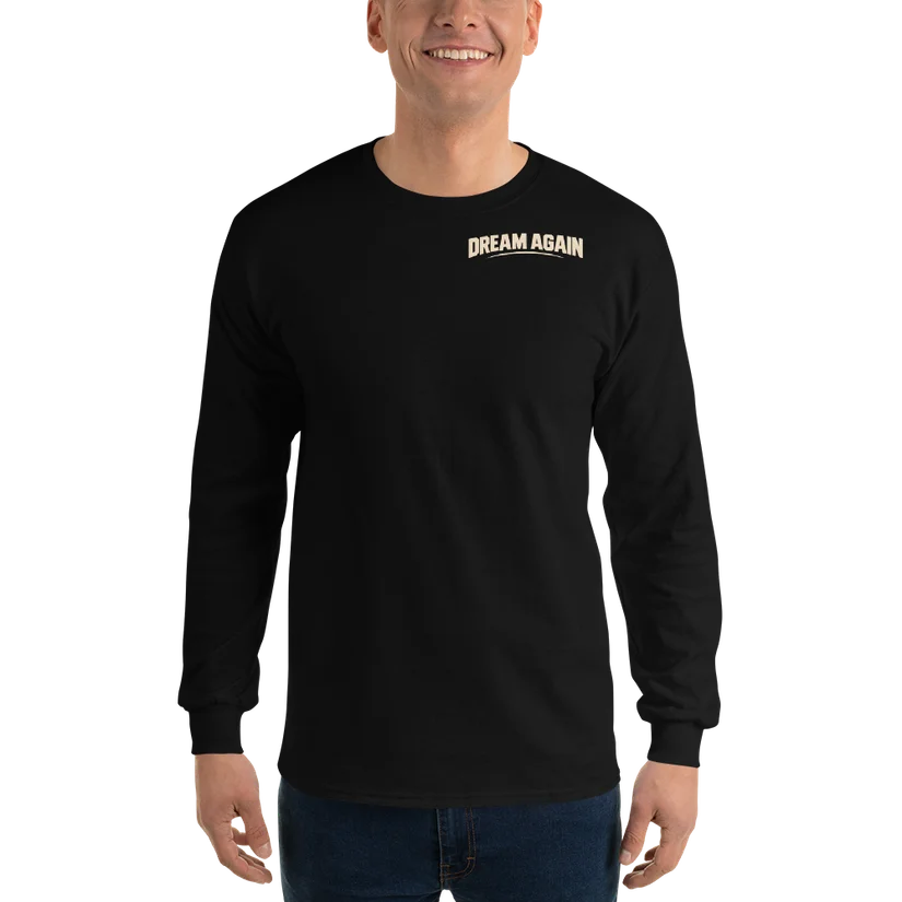 November long sleeve on model with enlarged Dream Again left chest logo