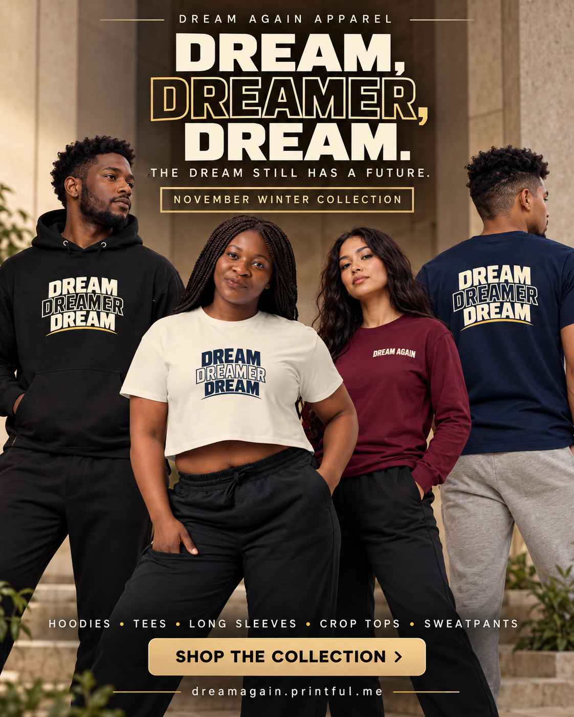 Dream, Dreamer, Dream collection promotional flyer featuring models wearing Dream Again apparel