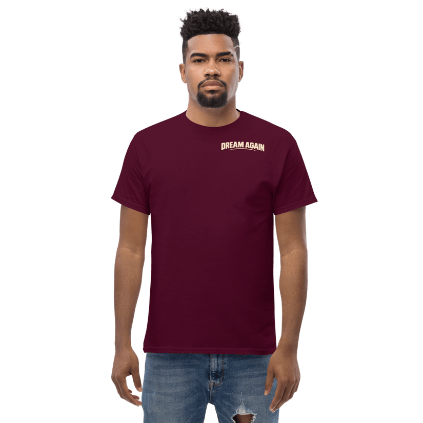 November classic tee on model with enlarged Dream Again left chest logo
