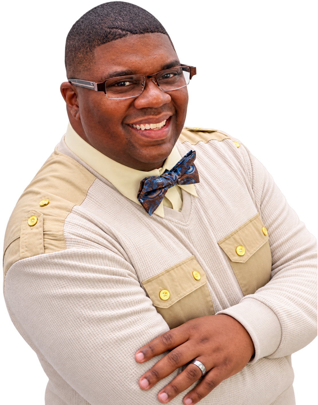 Shannon Wingate smiling, wearing glasses and a bow tie