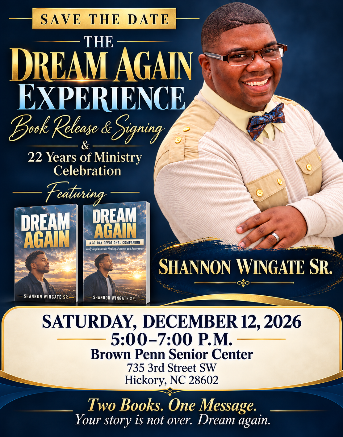 Dream Again book release and signing flyer: December 12, 2026, 5 to 7 p.m. at Brown Penn Senior Center in Hickory