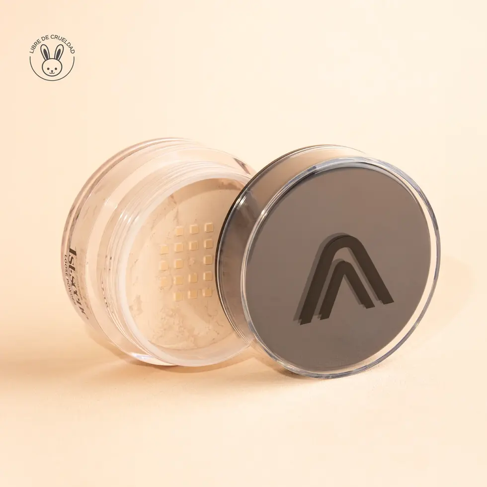 Vista frontal de frasco sin tapa del polvo traslucido atenea