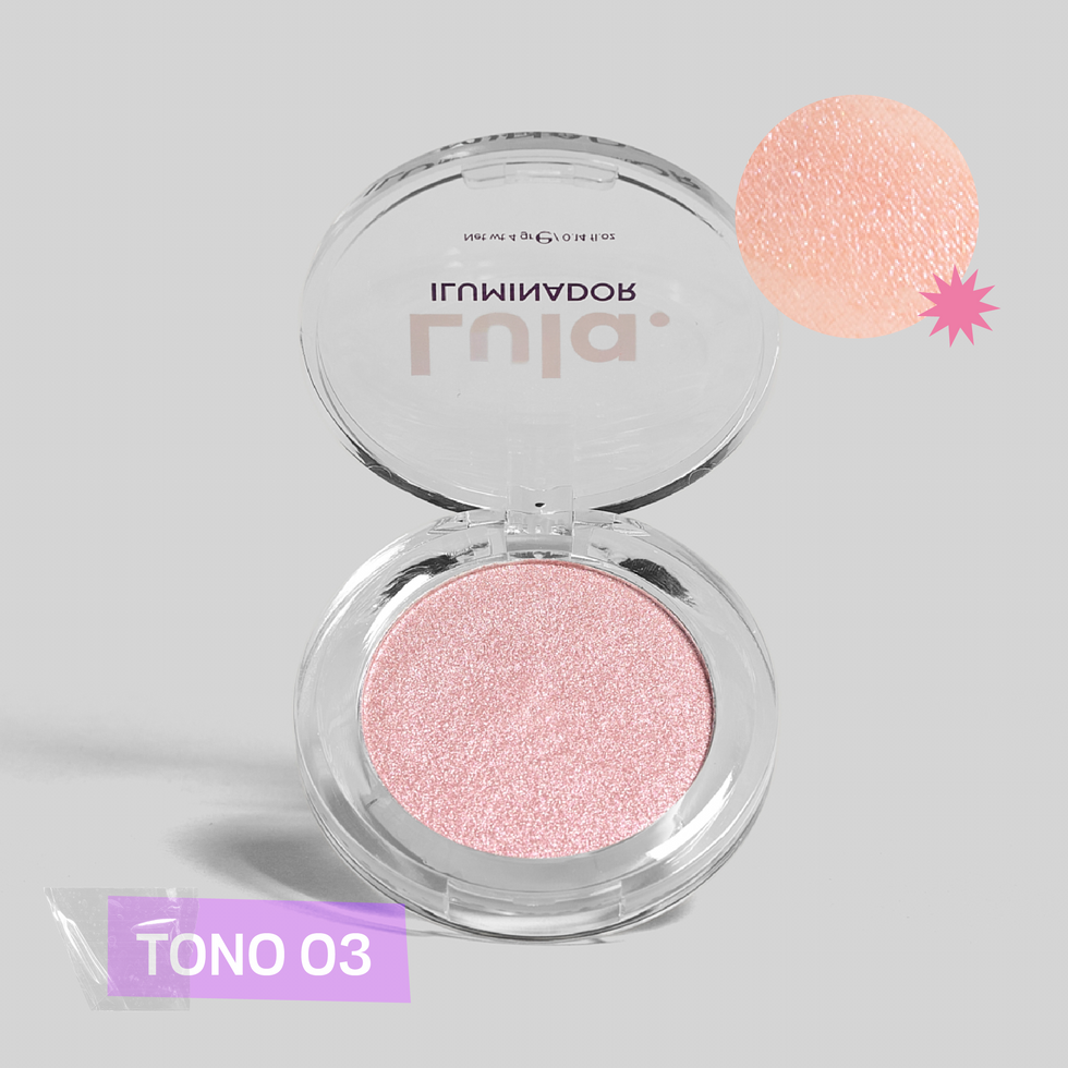 Vista frontal de iluminador en polvo de lula beauty 03