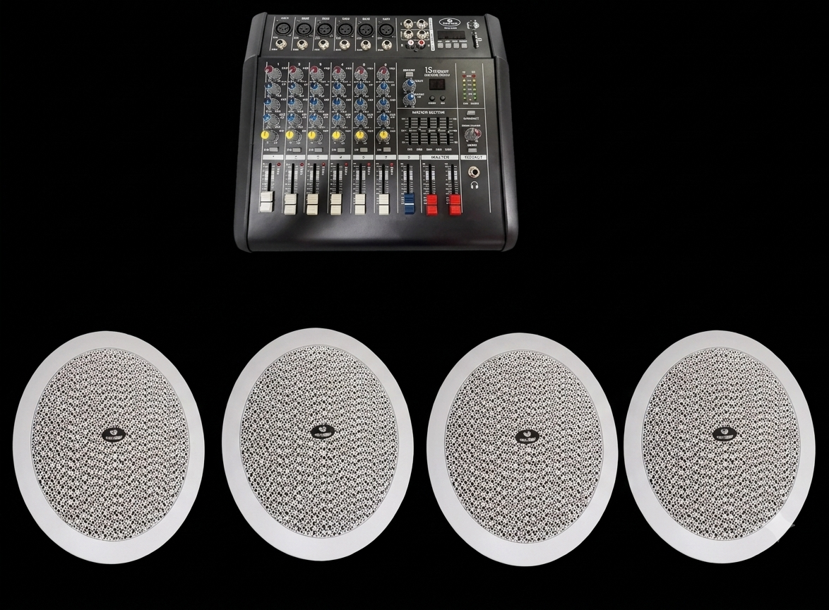 COMBO INSTALACION CONSOLA POTENCIADA PRO AUDICE AU-60FX + 4 PARLANTES DE TECHO 6