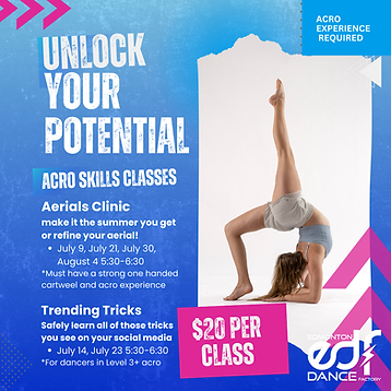 Summer acro skills classes featuring aerial clinics and trending tricks