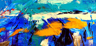 Detail from a loose, expressive painting of Rose Blanche Lighthouse in Newfoundland, dominated by shades of blue.