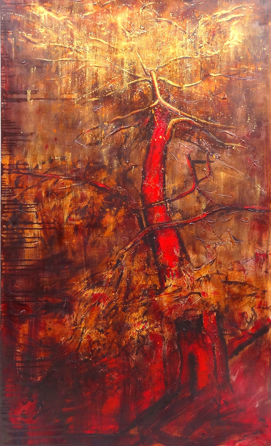 Mixed media painting of a tree struggling to survive desert heat and upheavel of nearby constuctions