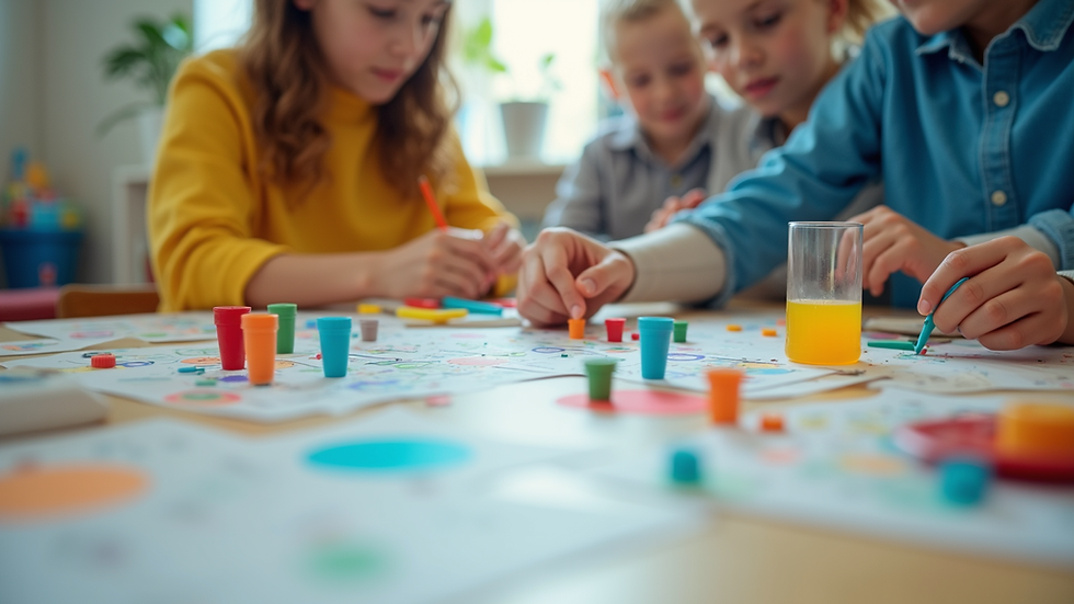 Eye-level view of a colorful STEM activity table with science tools