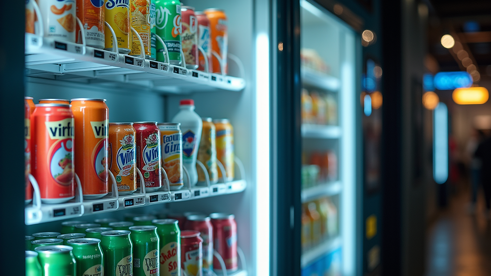 Eye-level view of a modern AI vending machine displaying a variety of snacks and drinks
