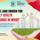 Family figures under a red umbrella on a grassy platform in a hand. Text: Is ₹25 lakh enough for family health insurance in India?