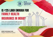 Family figures under a red umbrella on a grassy platform in a hand. Text: Is ₹25 lakh enough for family health insurance in India?