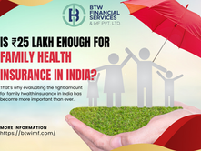 Family figures under a red umbrella on a grassy platform in a hand. Text: Is ₹25 lakh enough for family health insurance in India?