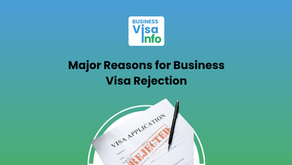 An image showing a business visa application form stamped with “Rejected,” placed beside a pen. The background features a blue-to-green gradient with the Business Visa Info logo at the top and the title “Major Reasons for Business Visa Rejection.”