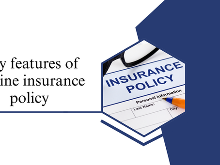 Blue and white design with "Key features of marine insurance policy" text. A paper labeled "Insurance Policy" with glasses and a pen.