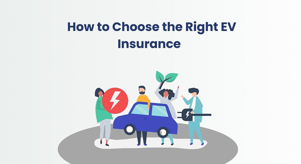 A clean illustration showing people around an electric car holding eco-friendly and charging icons, with the title “How to Choose the Right EV Insurance,” representing protection and coverage options for choosing the right EV insurance.