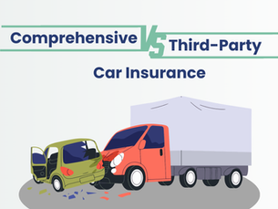 An illustration showing a collision between a small green car and a larger red vehicle beside a covered truck, representing the comparison between Comprehensive and Third-Party Car Insurance. The visual highlights damage scenarios to explain how Third-Party Car Insurance differs from comprehensive coverage.
