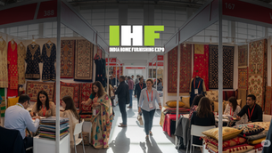 A bustling exhibition hall at the India Home Furnishing & Garment Fair, with buyers examining colorful Indian textiles and apparel.