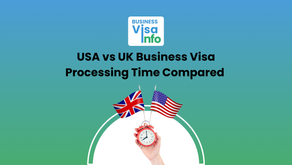 A graphic comparing USA vs UK Business Visa Processing Time, featuring two flags—United Kingdom and United States—held above a stopwatch. The image represents how Business Visa Processing Time differs between both countries, highlighting speed, urgency, and global business travel requirements. The design includes a gradient background and a Business Visa Info logo at the top.