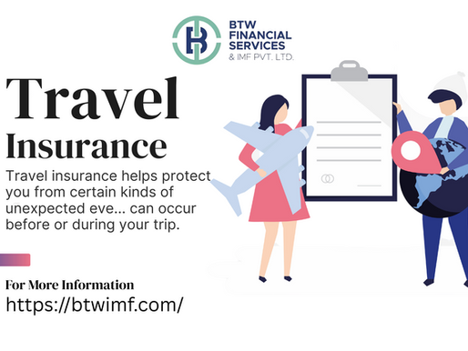 Two figures with travel items stand near a clipboard. Text: "Travel Insurance" and BTW Financial Services logo. Website: https://btwimf.com/.