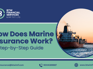 Blue and green graphic with a cargo ship at sunset. Text: "How Does Marine Insurance Work? A Step-by-Step Guide." Contact info below.