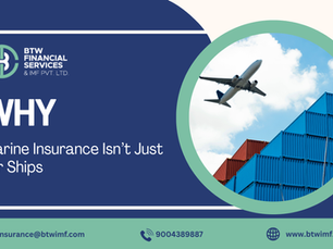 Plane flying over stacked red and blue shipping containers. Text: "WHY Marine Insurance Isn't Just for Ships." Contact info displayed.