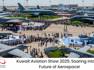 Aerial view of Kuwait Aviation Show 2025 with aircraft displayed. Crowds gather on the tarmac. Text: "Soaring into the Future of Aerospace!"