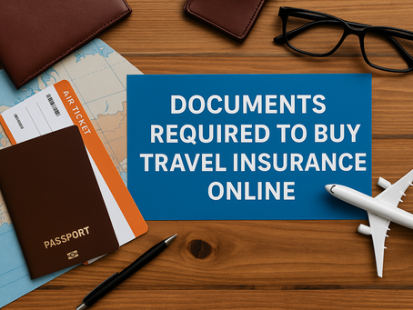 Passport, air ticket, map, and black glasses on wooden table. Blue card reads: "Documents Required to Buy Travel Insurance Online."