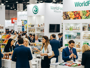 Professionals networking at the bustling WorldFood Moscow trade show, with modern booths showcasing a variety of international food and beverage products.