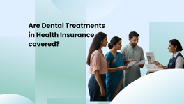 People discussing documents with a receptionist at a desk. Text asks about dental treatments in health insurance coverage. Pastel background.