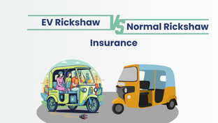 An illustration comparing an electric rickshaw carrying passengers with a traditional fuel rickshaw, highlighting differences relevant to Rickshaw Insurance. The EV rickshaw shows charging elements, while the normal rickshaw appears in its standard design, representing coverage needs for both vehicle types.