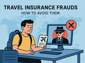Sad traveler with document sits at desk, computer shows suspicious figure. Text: "Travel Insurance Frauds: How to Avoid Them." Background map.