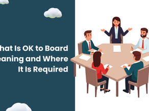 Business meeting at a table with five people. One woman gestures while others take notes. Text reads: "What Is OK to Board meaning and Where It Is Required." Background is dark blue with clouds.