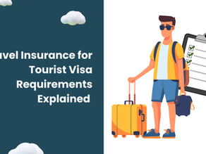 Man with luggage, checklist in background. Text: "Travel Insurance for Tourist Visa Requirements Explained." Blue and white sky with clouds.