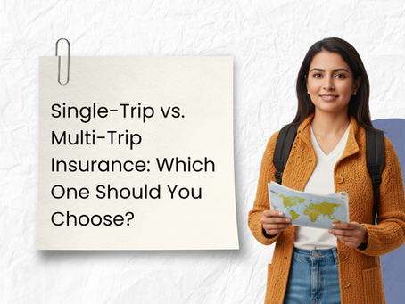 Woman in an orange cardigan holds a map, smiling. Text: "Single-Trip vs. Multi-Trip Insurance: Which One Should You Choose?" Background: crumpled paper look.