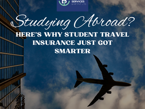 Airplane silhouette against a cloudy sky. Text reads "Studying Abroad? Here's why student travel insurance just got smarter." Building on the left.